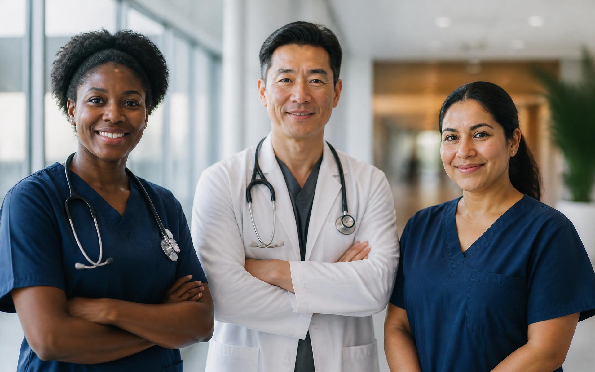 Diverse team of healthcare professionals in a modern hospital