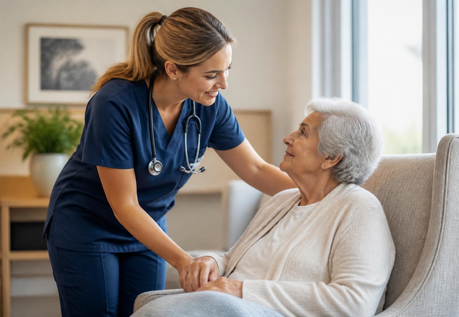 Nurse compassionately caring for a senior resident